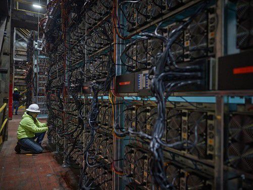 A large-scale cryptocurrency mining farm with rows of mining rigs.